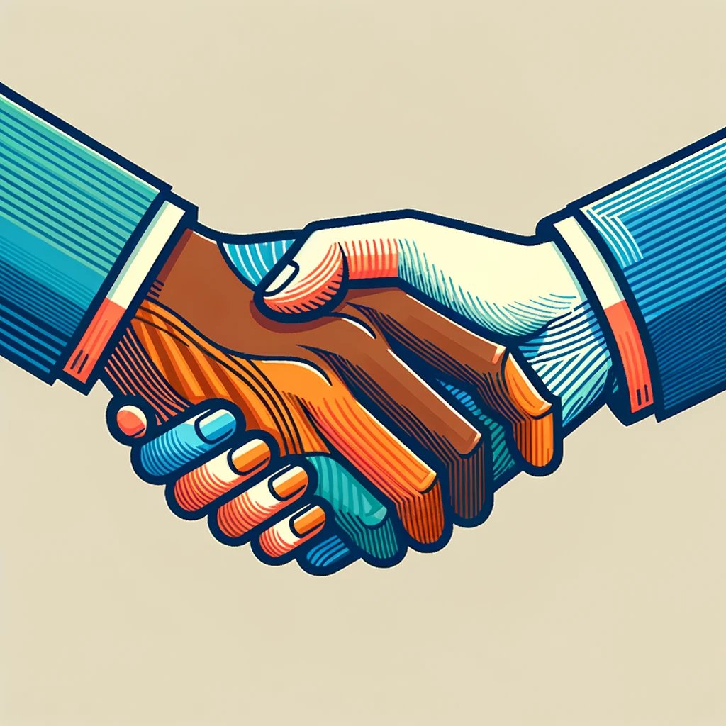 DALL·E 2024-03-31 21.24.08 - Create a simple, abstract 2D illustration of diverse hands shaking. The hands should represent a variety of skin tones, symbolizing inclusivity and un